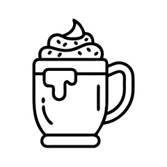 festive mug with whipped cream Outline Icon, christmas icon - Black outline icon of festive mug with whipped cream symbolizing Christmas, holidays, and festive in simple design.