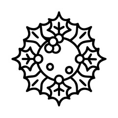 holly wreath Outline Icon, christmas icon - Black outline icon of holly wreath symbolizing Christmas, holidays, and festive in simple design.