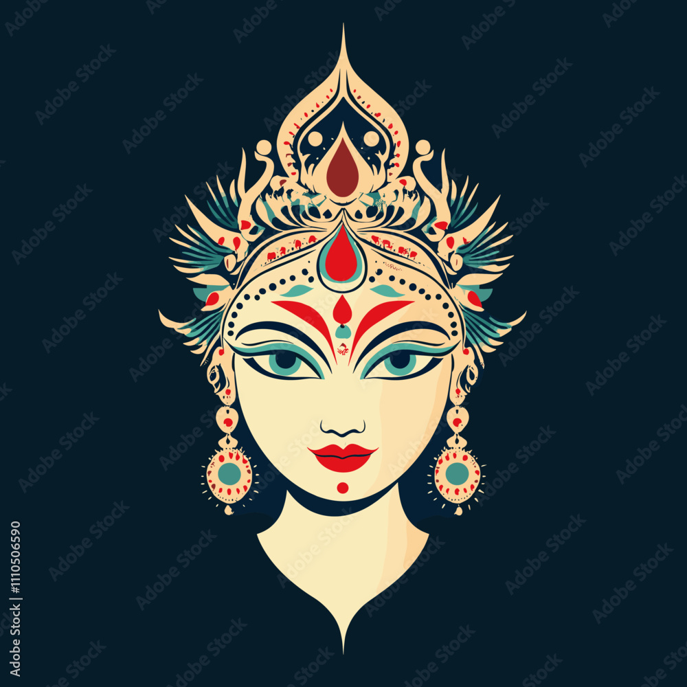 Wall mural Beautiful Traditional Indian Goddess Illustration with Ornate Headgear and Jewelry