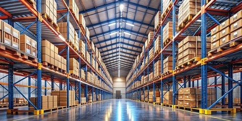 Fototapeta premium Perfectly Aligned Warehouse Shelves Showcasing Organized Inventory in a Modern Industrial Space with High Depth of Field and Natural Lighting for Stock Photography