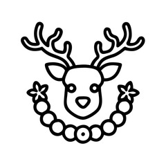 reindeer with wreath Outline Icon, christmas icon - Black outline icon of reindeer with wreath symbolizing Christmas, holidays, and festive in simple design.