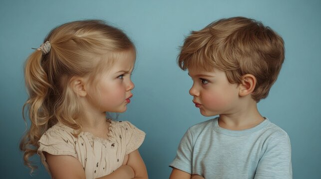 Two young children staring at each other in playful confrontation, innocent expressions, childhood emotions, sibling rivalry, colorful background, adorable kids, family life, playful moment.