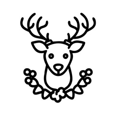 reindeer with wreath Outline Icon, christmas icon - Black outline icon of reindeer with wreath symbolizing Christmas, holidays, and festive in simple design.