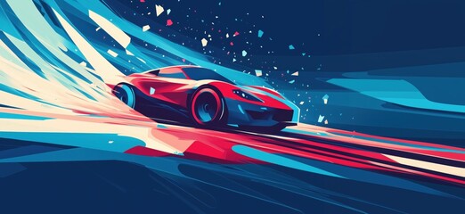 Dynamic red sports car racing through abstract blue and red background, showcasing speed and motion, copy space for text