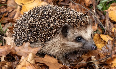 Fototapeta premium hedgehog close up detail in pile of autumn leaves