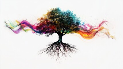 Obraz premium A surreal representation of a quantum tree with its roots intertwined with colorful waves of energy, illustrating