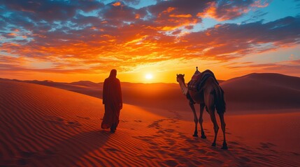 Silhouetted man walking with camel in desert at sunrise, glowing horizon, peaceful dunes, nomadic lifestyle, tranquil journey, dramatic sky, connection to nature, solitude.