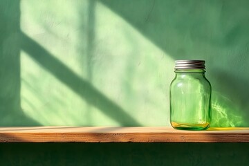 Green Glass Jar on Wooden Shelf Against Green Wall