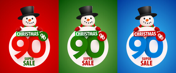 90 percent Off. Discount creative composition with snowman in hat. Merry Christmas and Happy New Year. Sale banner set.