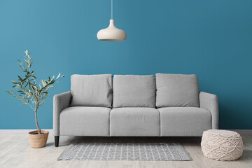 Comfortable sofa, decorative tree and pouf in interior of living room
