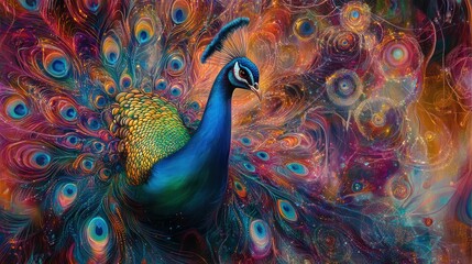 Obraz premium An imaginative portrayal of a peacock standing on a quantum circuit board, with its feathers radiating energy waves and light.