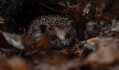 Fototapeta premium hedgehog close up detail in pile of autumn leaves