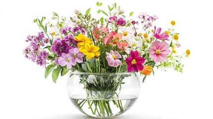 Naklejka premium Beautiful flower arrangement in transparent ceramic vase on isolated white background.