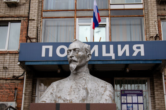 Artyom, Primorsky Krai, Russia - October 26, 2024: Monument to Felix Dzerzhinsky, Russian and Polish revolutionary, Soviet statesman, at the entrance to the police station building