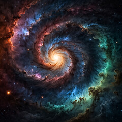 Ethereal spiral nebula with celestial clouds conveys a journey into the unknown
