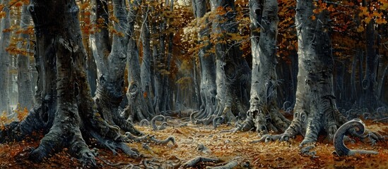 This breathtaking image captures a serene and enchanting autumn woodland path surrounded by a lush vibrant display of fall foliage