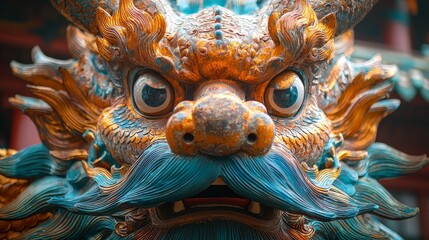 Fototapeta premium Intricate dragon sculpture with vibrant colors and intense expression