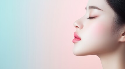 Fototapeta premium A serene close-up of a woman's profile with soft pastel colors in the background, ideal for beauty, skincare, or wellness promotions, conveying elegance and tranquility,