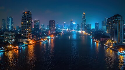 Fototapeta premium A vibrant city skyline at night, illuminated by colorful lights reflecting on a river, showcasing modern architecture and urban beauty.