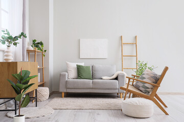 Armchair, sofa, chest of drawers, houseplant and poufs in interior of living room