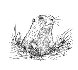 Sketch animal groundhog in the hole. Funny marmot crawled out of earthen hole. illustration for poster, banner, card. Groundhog Day © EVGENIY