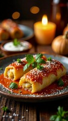 Fototapeta premium Romanian sarmale cabbage rolls, served with sour cream, candle-lit table, holiday decor, rustic atmosphere
