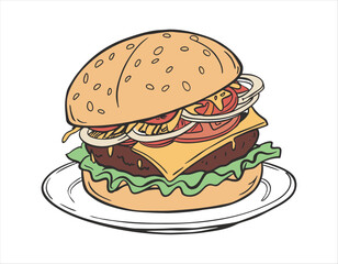 savory burger with beef patty, cheese, and vegetables. eps 10