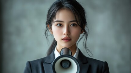 Surprised woman with megaphone, expressive gaze, modern communication, announcement concept, bold colors, confident expression, creative ideas, strong focus, marketing inspiration.
