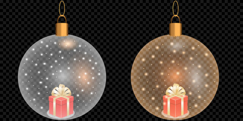 Christmas decorations ball. Set of glass Christmas tree balls on transparent background. Vector graphics of Christmas tree toys on black background. snowflakes in ball.