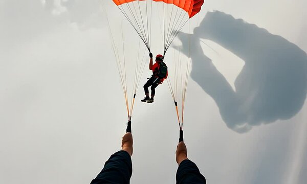 man and woman paragliding with red parachute.
