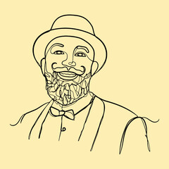 Classic man with hat and mustache beard, detailed vector line art