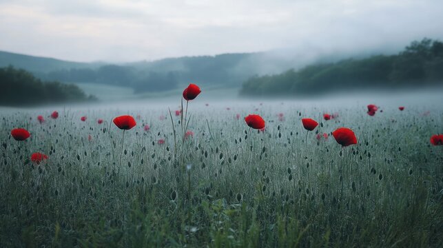 Poppies in the foreground stand tall amidst a mist-covered field, with rolling hills barely visible in the distance,