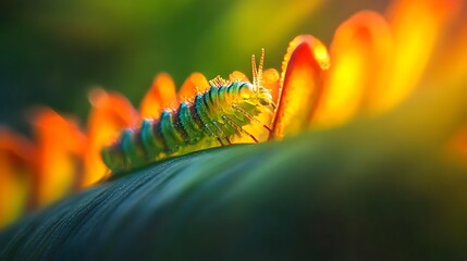 Vibrant green caterpillar on an orange flower petal in sunlight.