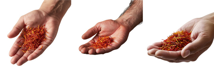  Set of Hand holding a pinch of saffron threads isolated on transparent background