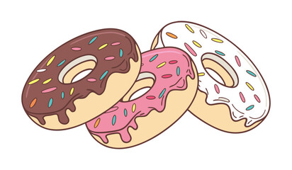 three assorted donuts with chocolate, strawberry, and vanilla icing