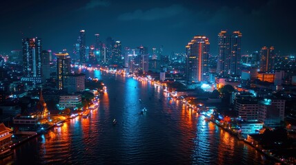 A stunning night view of a vibrant city skyline reflecting on water, illuminated by colorful lights along the riverbanks.