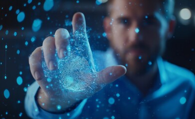 A close-up of a businessman’s hand interacting with a futuristic biometric security interface,...