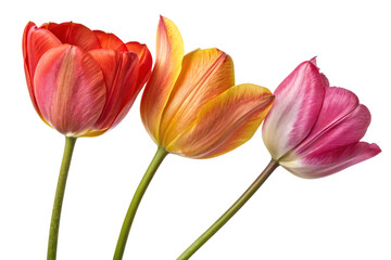 Obraz premium A minimalistic trio of tulips in fiery red, golden yellow, and soft pink tones, standing gracefully with vivid green stems, isolated on a transparent background