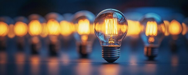Bright light bulb standing out from the crowd representing innovation and new ideas