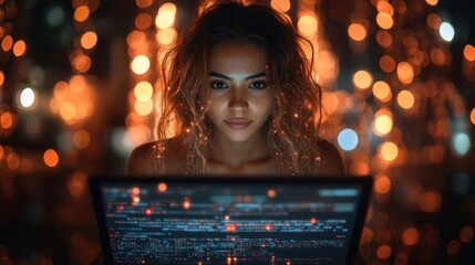 Confident young woman illuminated by glowing orange bokeh, staring at a laptop screen with code, symbolizing technology, coding, innovation, and inspiration.