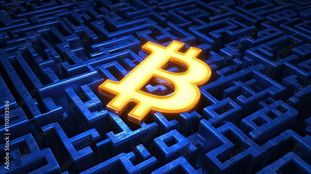 Poster a glowing bitcoin symbol emerging from a maze of circuit board patterns.