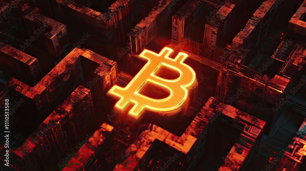 Poster a glowing bitcoin symbol emerging from a maze of circuit board patterns.