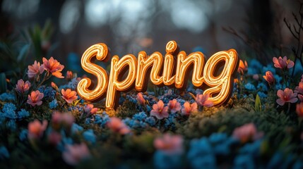 Glowing neon "spring" text surrounded by vibrant flowers, symbolizing nature, growth, renewal, beauty, season, outdoor inspiration, floral design, and decorative concepts.