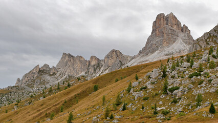 Limestone mountains rock towers in the Italian Dolomites autumn landscape