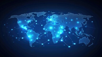 A glowing holographic world map displaying data points and global connectivity.