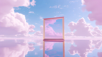 Pink pastel, water reflection with white clouds and sky in the background, cute, dreamy, in the style of anime, golden frame