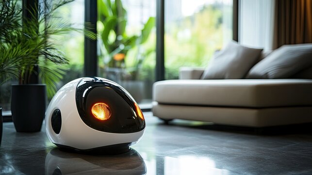 A high-tech robotic pet sitting in a modern home, glowing lights on its sleek frame.
