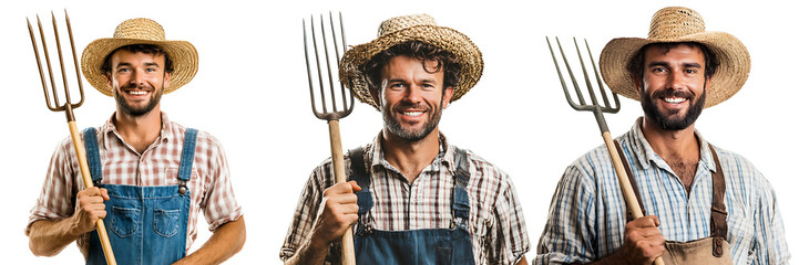 Set of hardworking farmer, holding a pitchfork isolated on transparent background (3)