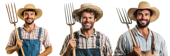 Set of hardworking farmer, holding a pitchfork isolated on transparent background (3)