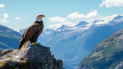 Fototapeta premium A majestic eagle perched on a rocky cliff, gazing out over vast mountains, its wings poised for flight against a clear blue sky, symbolizing power and freedom.
